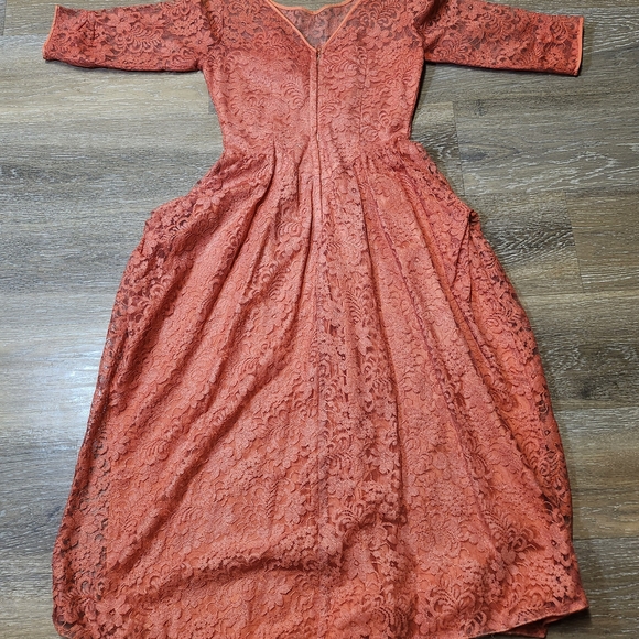 Vintage 70s Coral Lace Long Sleeve Dress Elegant Rare - Picture 4 of 8